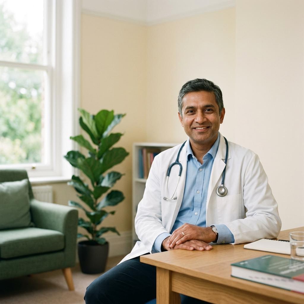 A doctor smiling in a bright consultation room